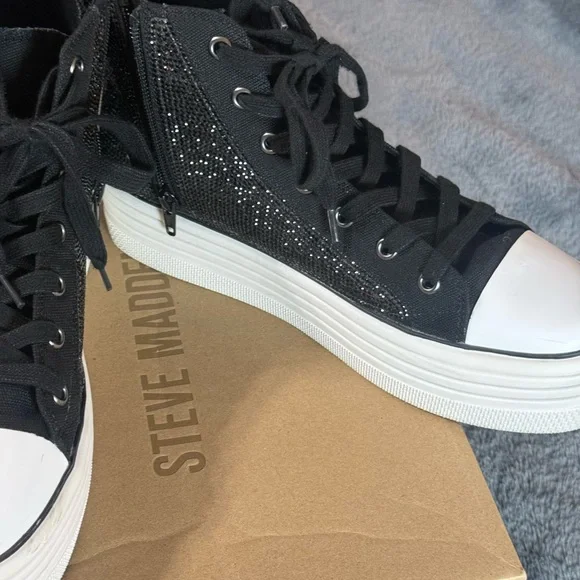 Steve Madden Black Glitter High-Top Sneakers with White Sole - Picture 8 of 8